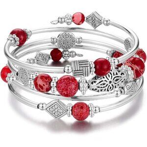 13-Imperial Red Layered Wrap Bangle Bead Bracelet w/ Agate Stone